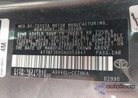 2010 Toyota Camry Le from USA, damaged, VIN 4T1BF3EK0AU053841